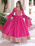 Alluring Rani Pink Zari Work Georgette Designer Gown With Dupatta