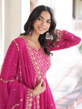 Alluring Rani Pink Zari Work Georgette Designer Gown With Dupatta
