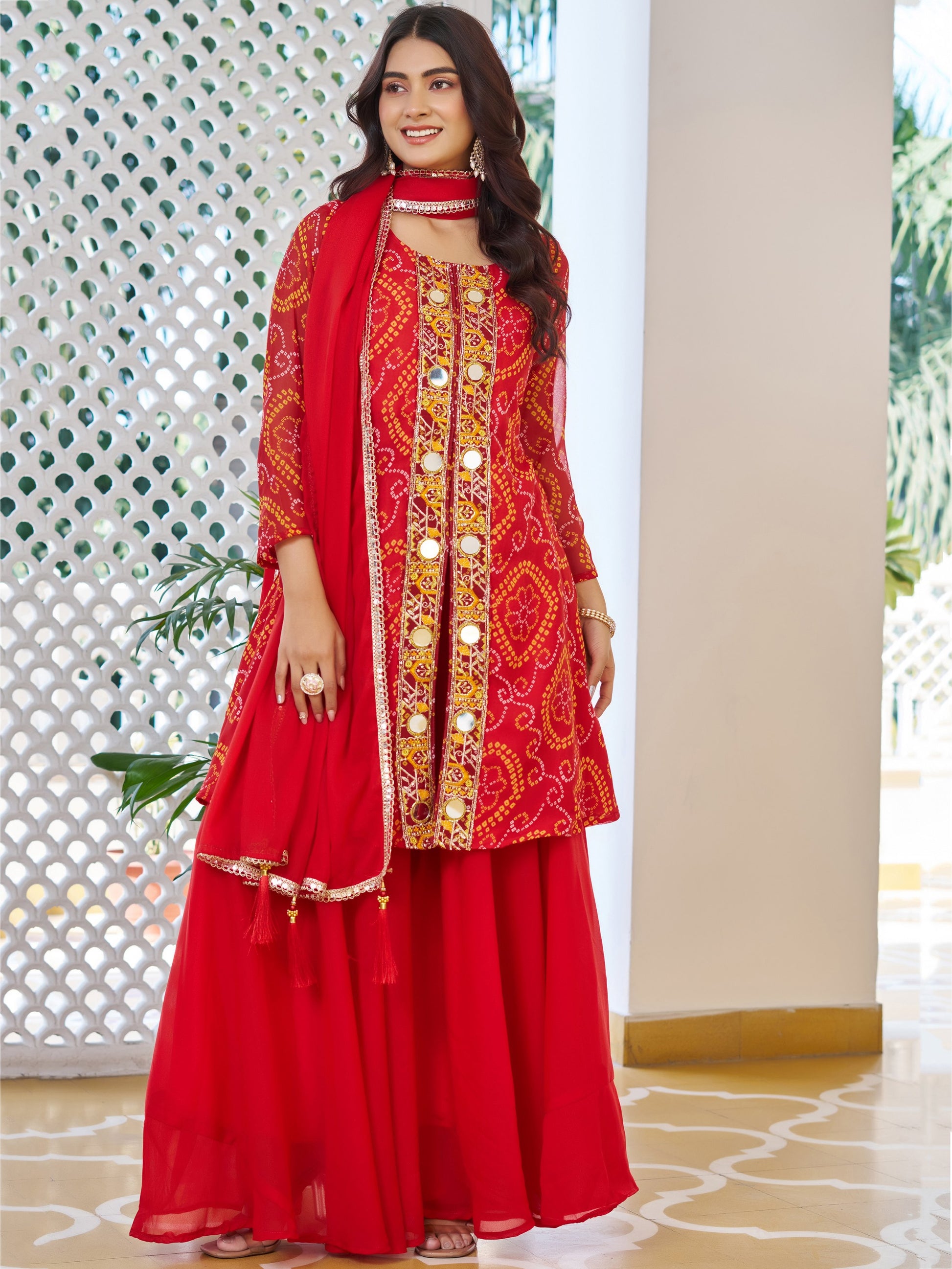 Alluring Red Bandhani Printed Georgette Wedding Wear Palazzo Suit With Dupatta