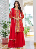 Alluring Red Bandhani Printed Georgette Wedding Wear Palazzo Suit With Dupatta
