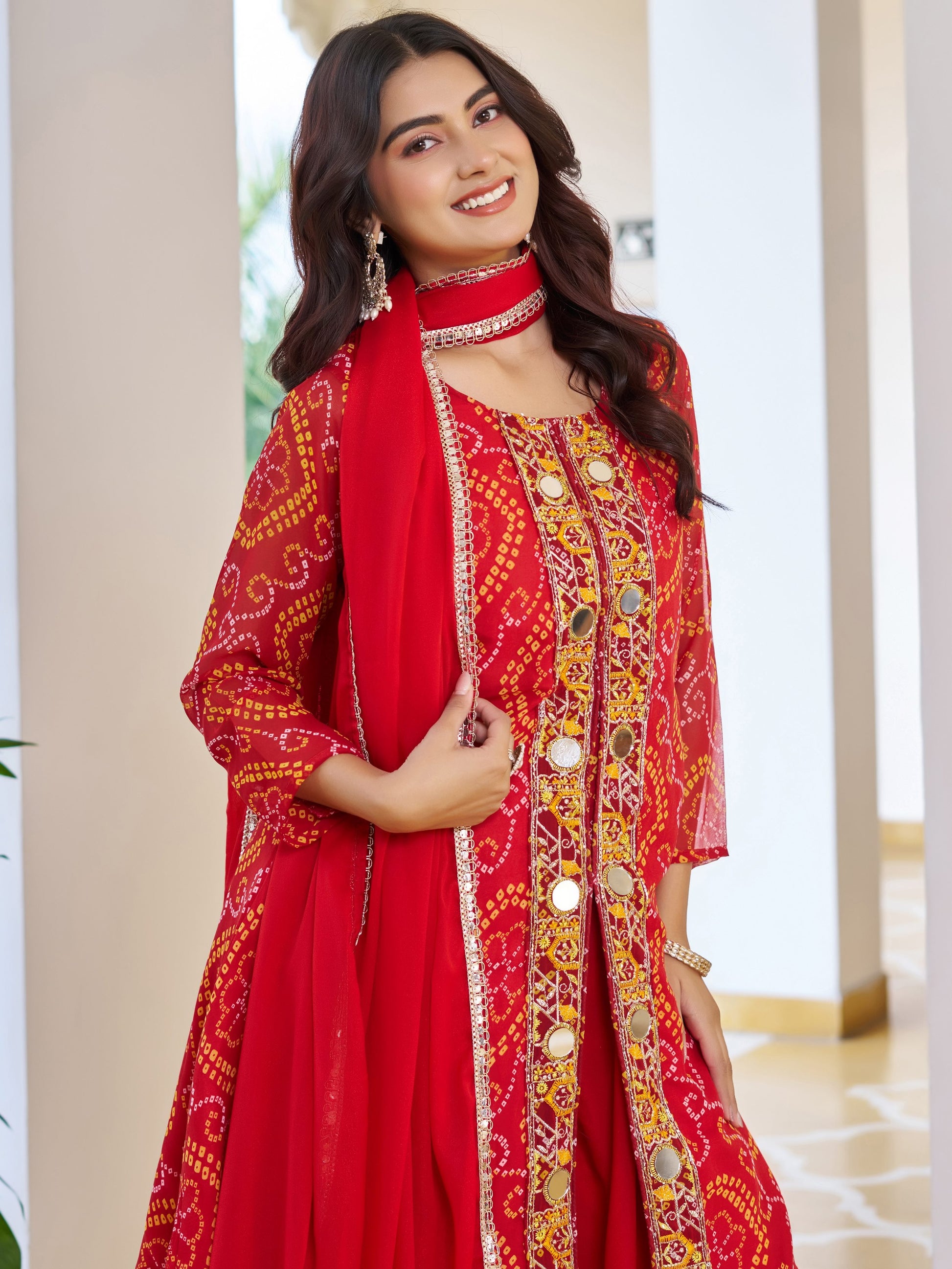 Alluring Red Bandhani Printed Georgette Wedding Wear Palazzo Suit With Dupatta