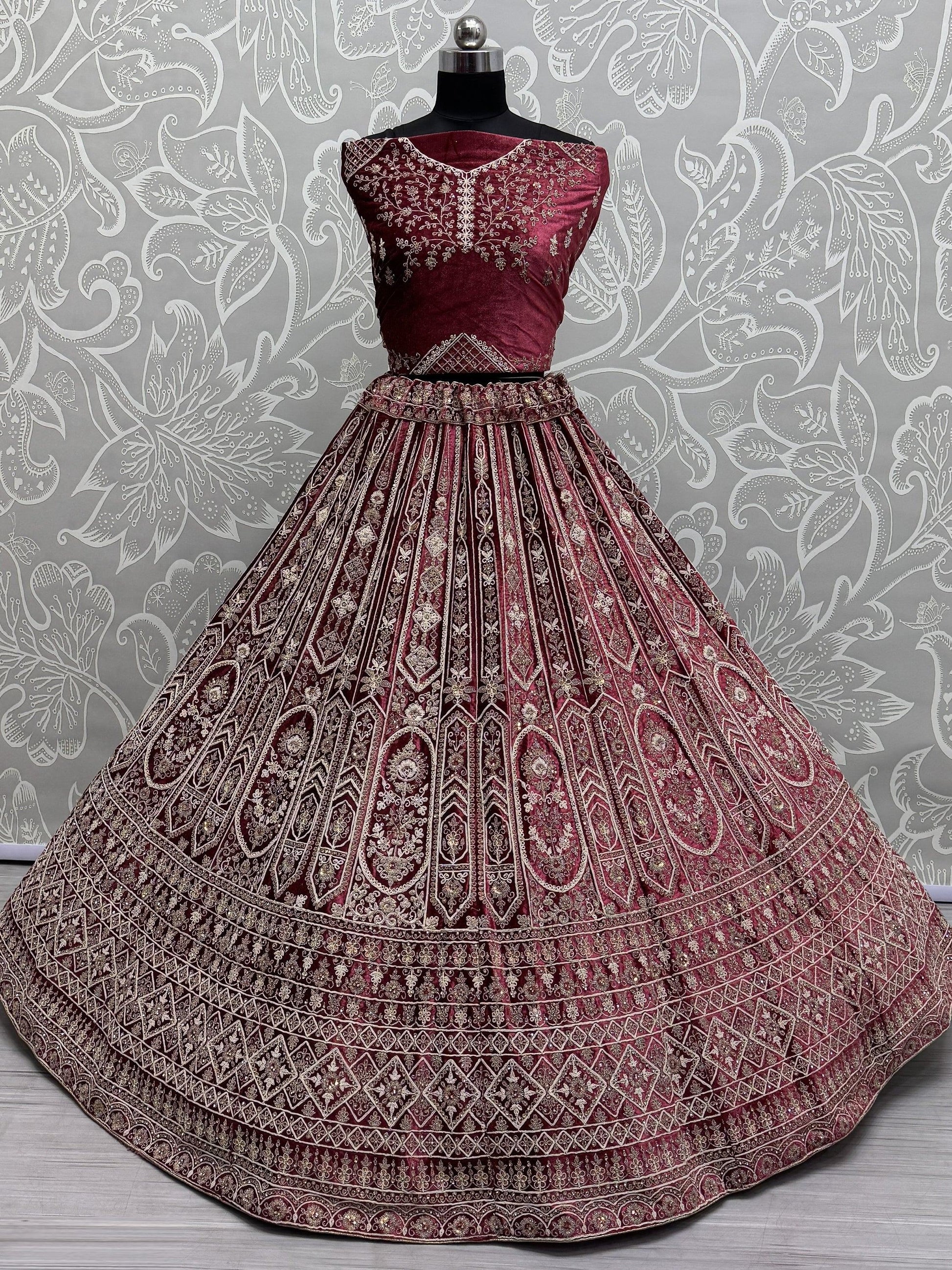 Alluring Red Dori Work Velvet Bridal Lehenga Choli With Double Dupatta - Zeel Clothing