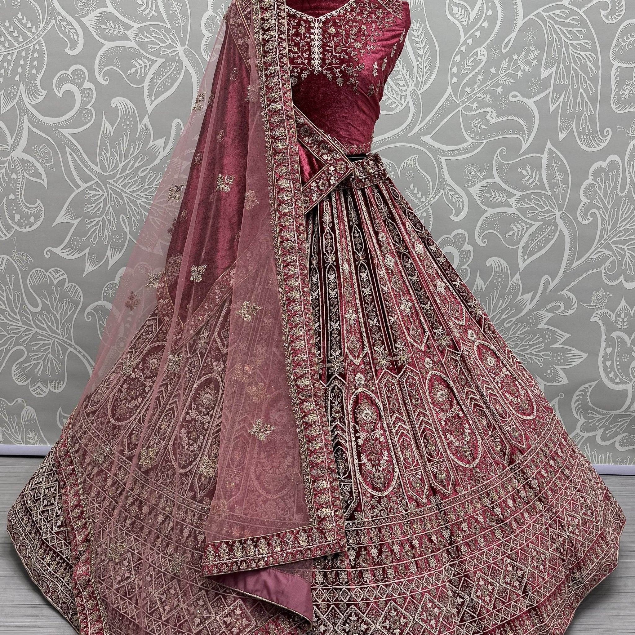 Alluring Red Dori Work Velvet Bridal Lehenga Choli With Double Dupatta - Zeel Clothing
