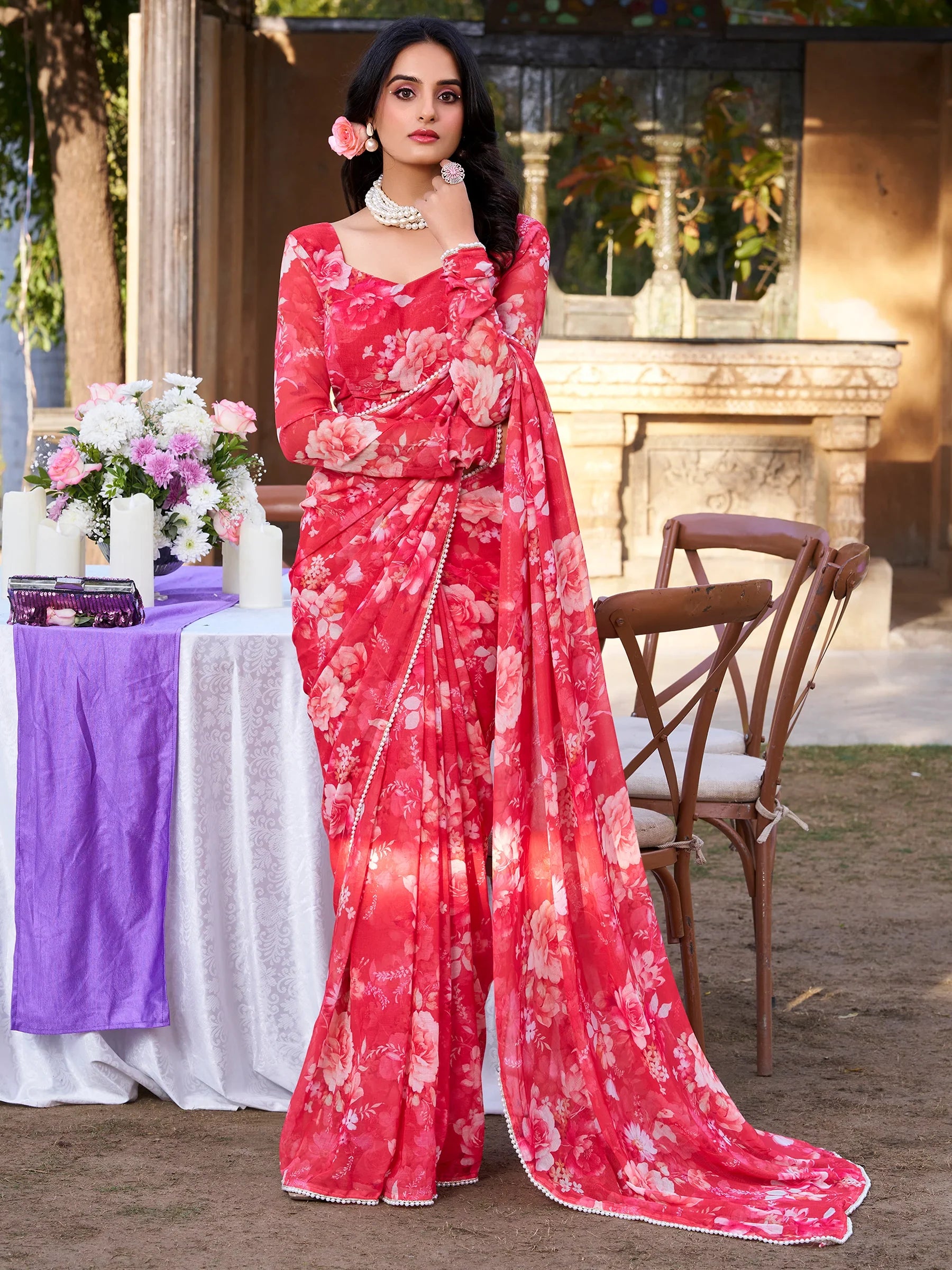 Alluring Red Floral Printed Chiffon Casual Wear Saree With Blouse - Zeel Clothing