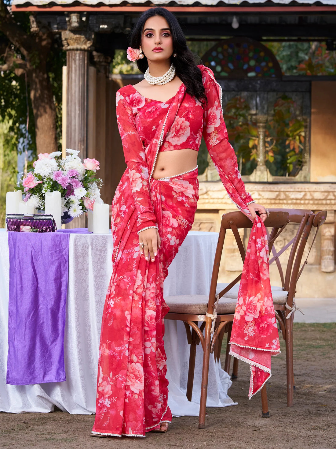 Alluring Red Floral Printed Chiffon Casual Wear Saree With Blouse - Zeel Clothing