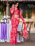 Alluring Red Floral Printed Chiffon Casual Wear Saree With Blouse - Zeel Clothing