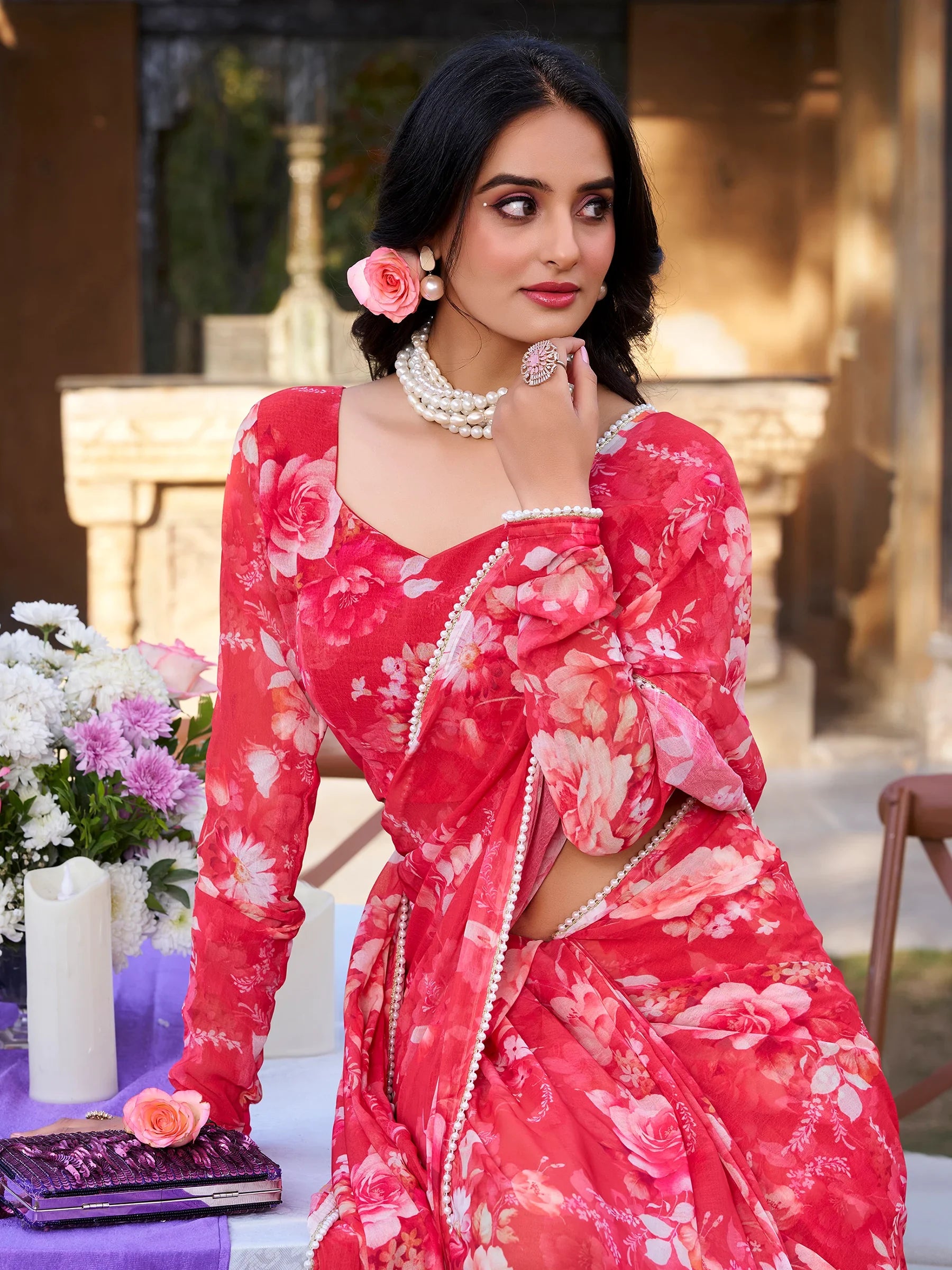 Alluring Red Floral Printed Chiffon Casual Wear Saree With Blouse - Zeel Clothing
