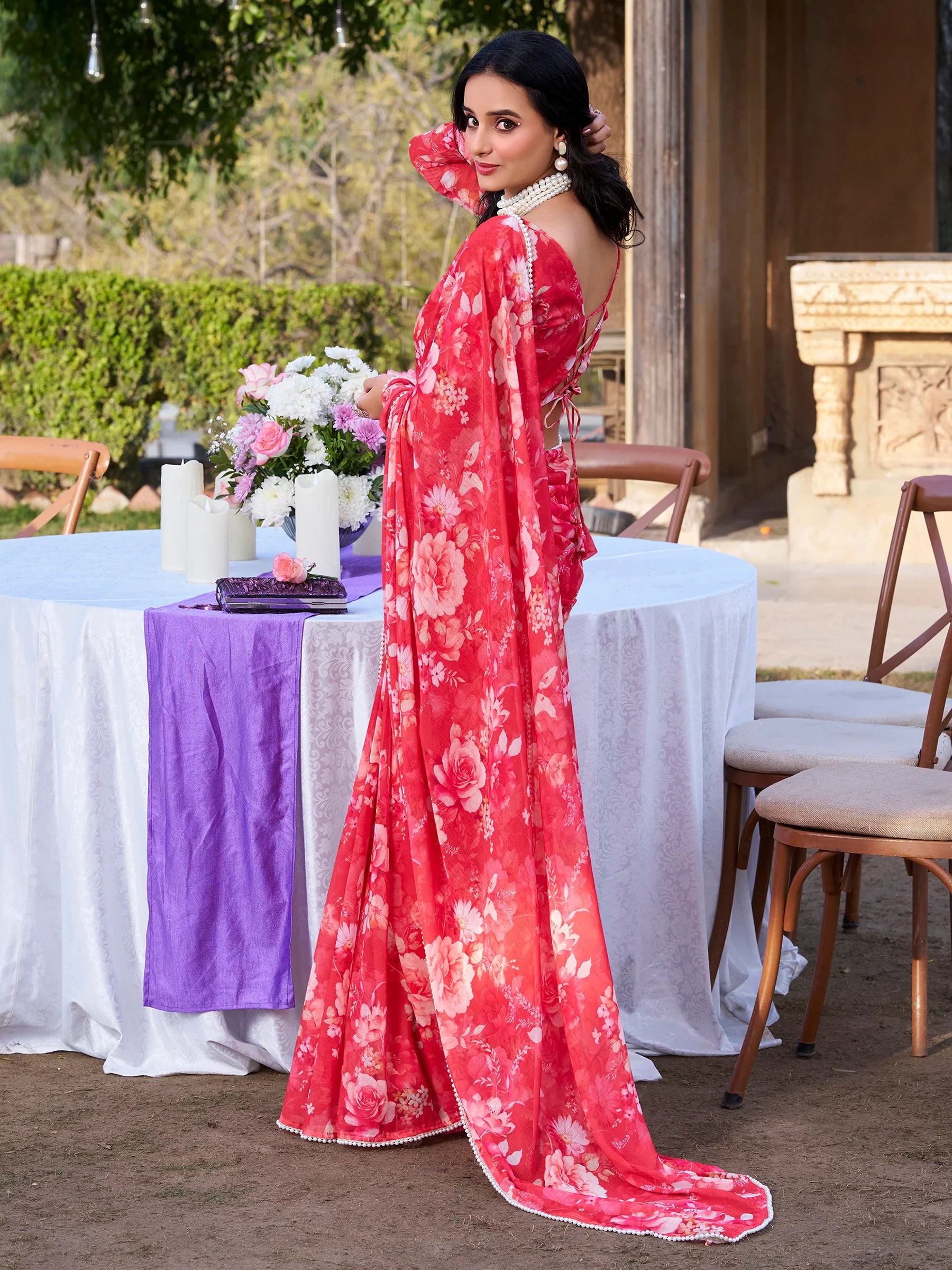 Alluring Red Floral Printed Chiffon Casual Wear Saree With Blouse - Zeel Clothing