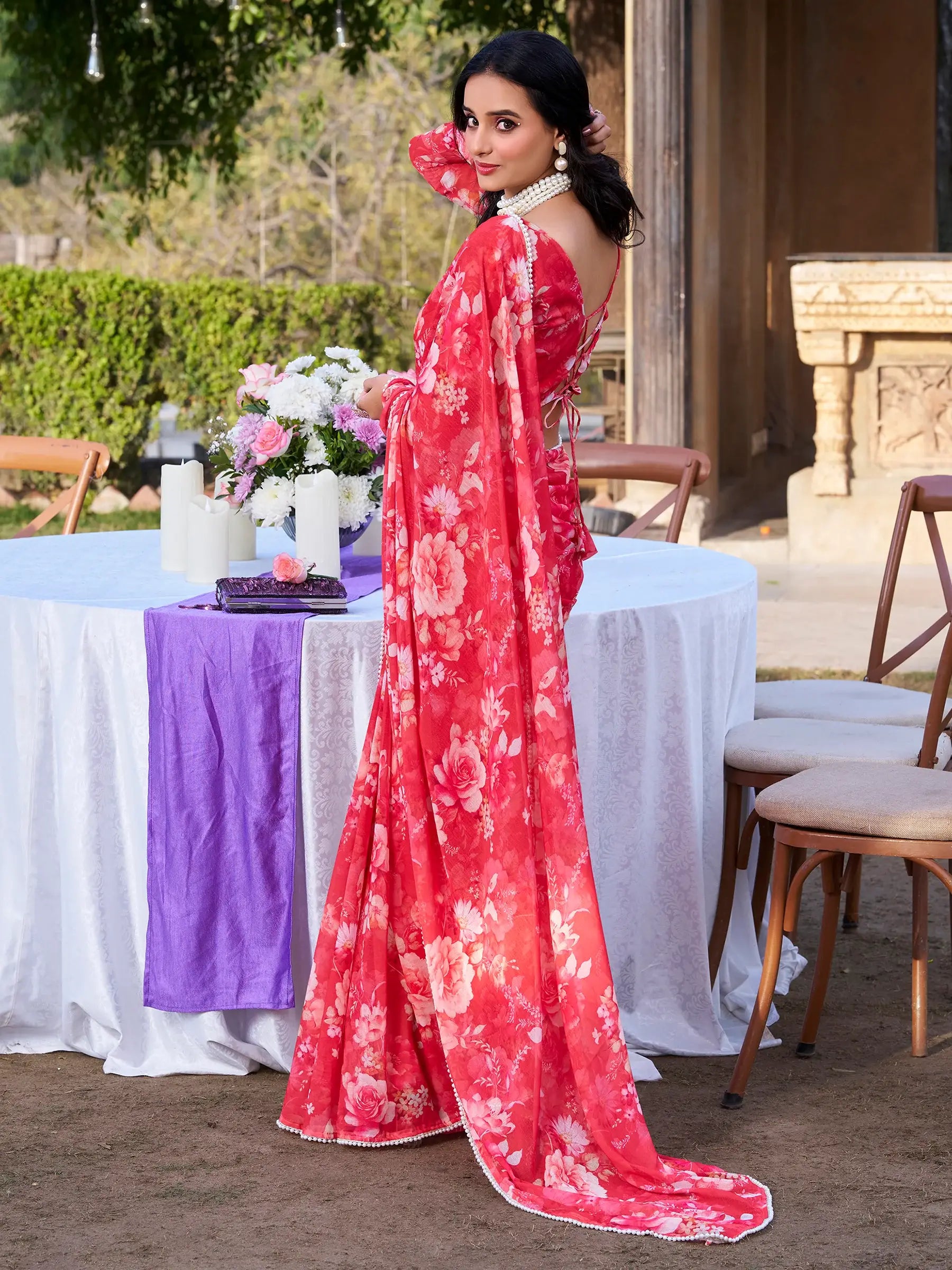 Alluring Red Floral Printed Chiffon Casual Wear Saree With Blouse - Zeel Clothing