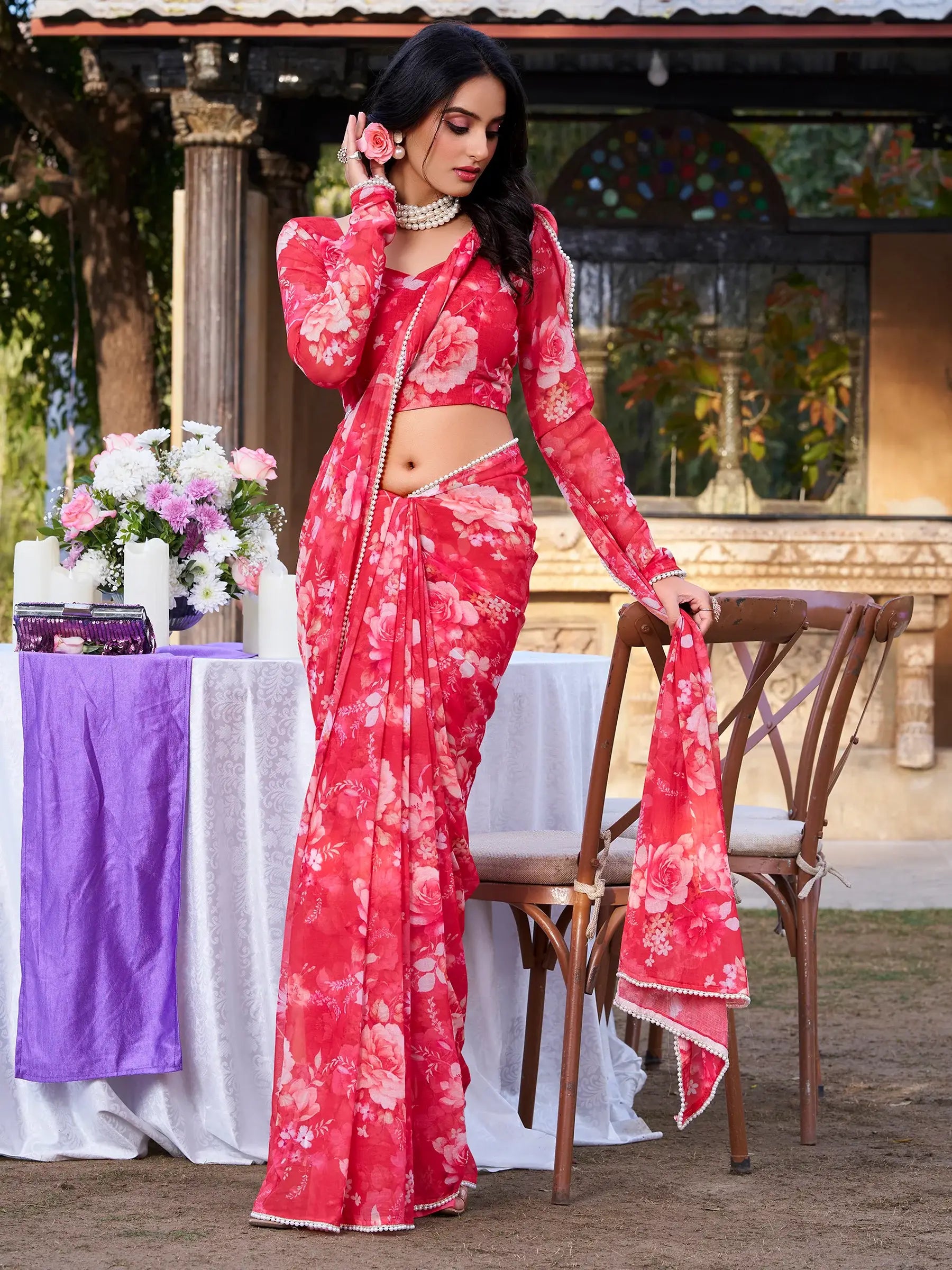 Alluring Red Floral Printed Chiffon Casual Wear Saree With Blouse - Zeel Clothing