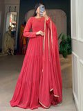 Alluring Red Printed Georgette Festival Wear Gown With Dupatta - Zeel Clothing