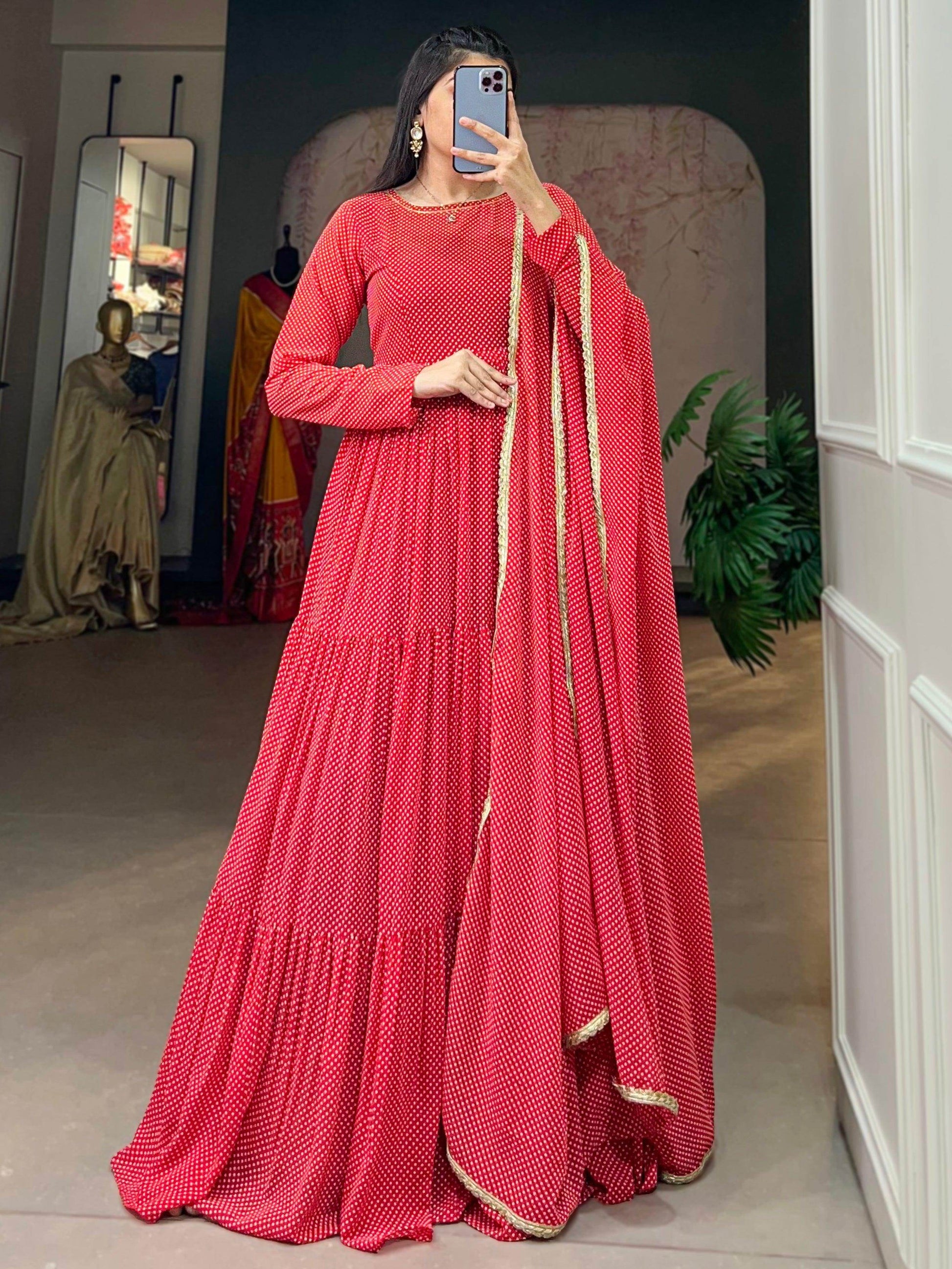Alluring Red Printed Georgette Festival Wear Gown With Dupatta - Zeel Clothing