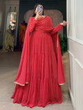 Alluring Red Printed Georgette Festival Wear Gown With Dupatta