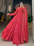 Alluring Red Printed Georgette Festival Wear Gown With Dupatta