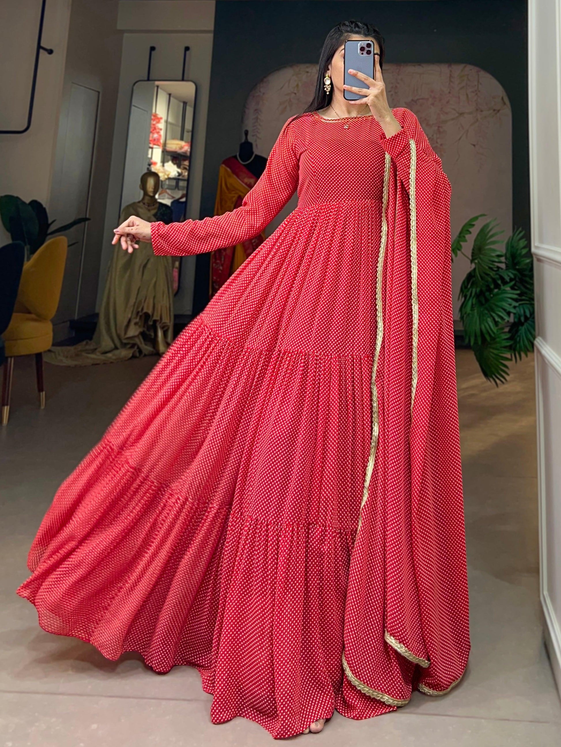 Alluring Red Printed Georgette Festival Wear Gown With Dupatta