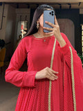 Alluring Red Printed Georgette Festival Wear Gown With Dupatta - Zeel Clothing