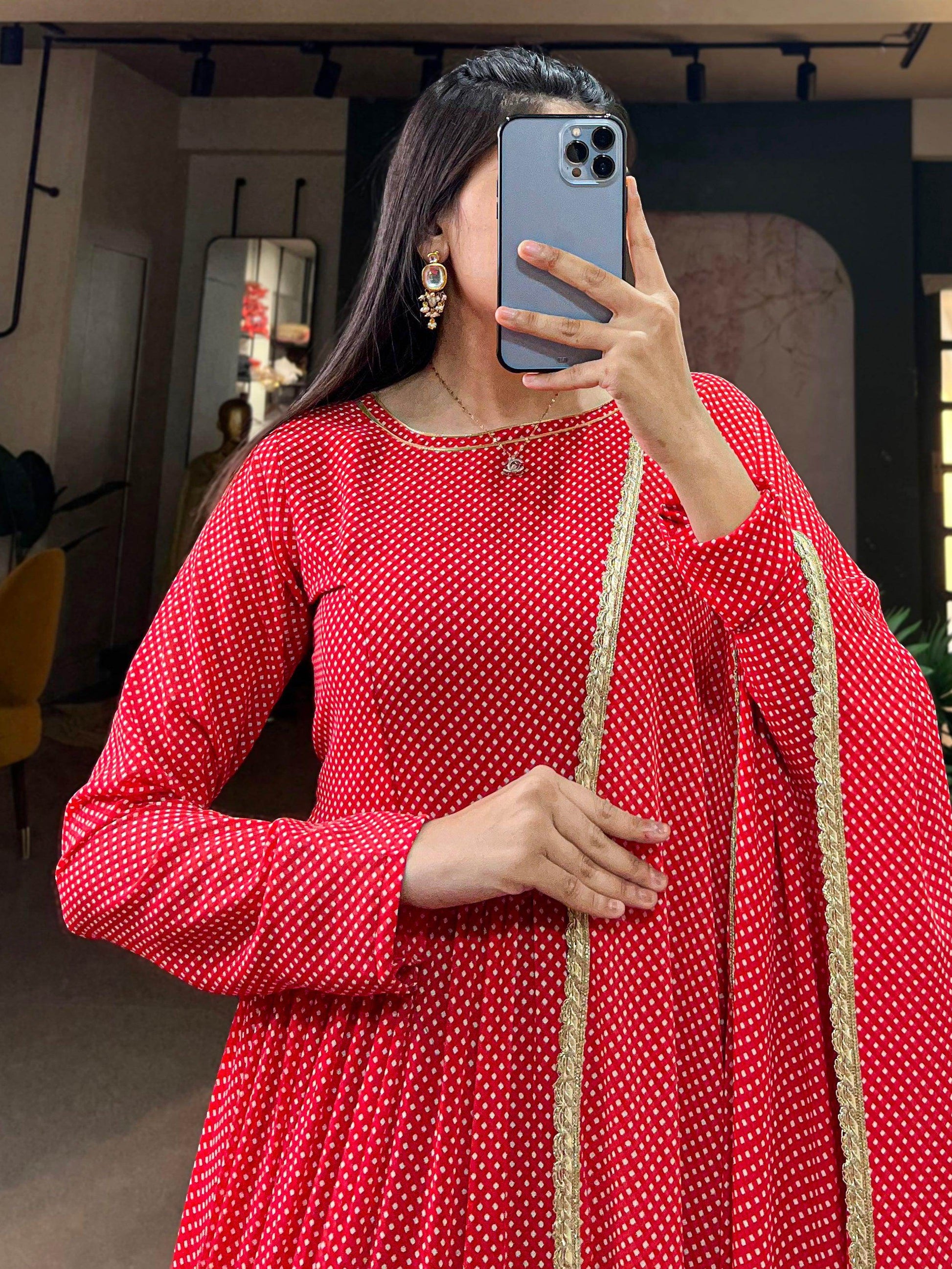 Alluring Red Printed Georgette Festival Wear Gown With Dupatta - Zeel Clothing