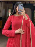 Alluring Red Printed Georgette Festival Wear Gown With Dupatta