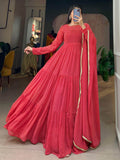 Alluring Red Printed Georgette Festival Wear Gown With Dupatta - Zeel Clothing