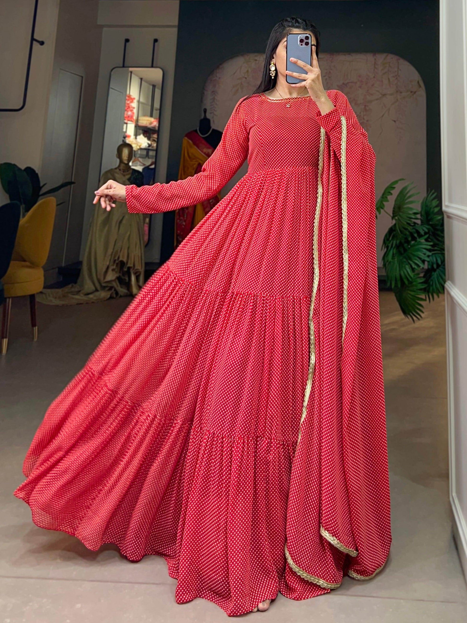 Alluring Red Printed Georgette Festival Wear Gown With Dupatta - Zeel Clothing
