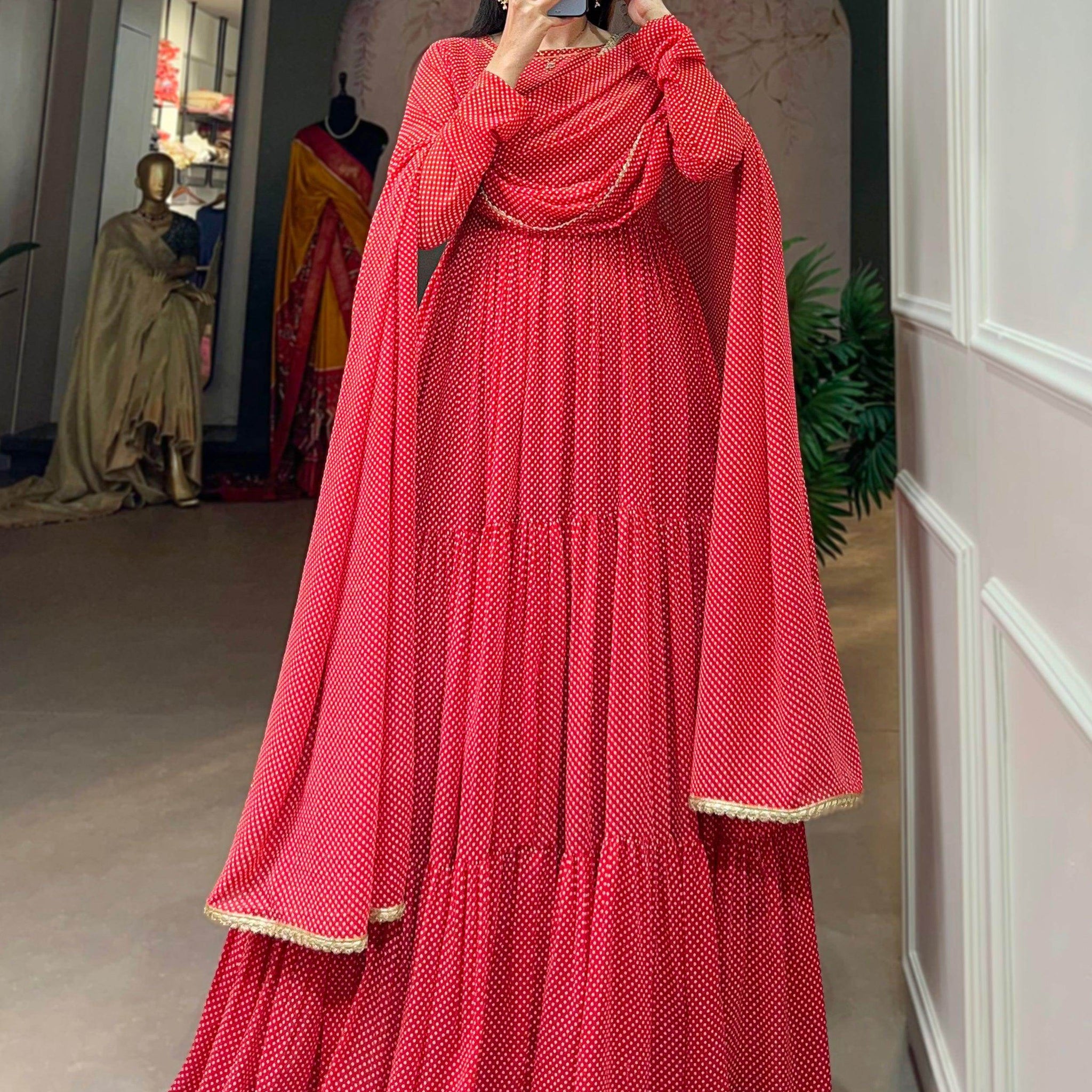 Alluring Red Printed Georgette Festival Wear Gown With Dupatta - Zeel Clothing