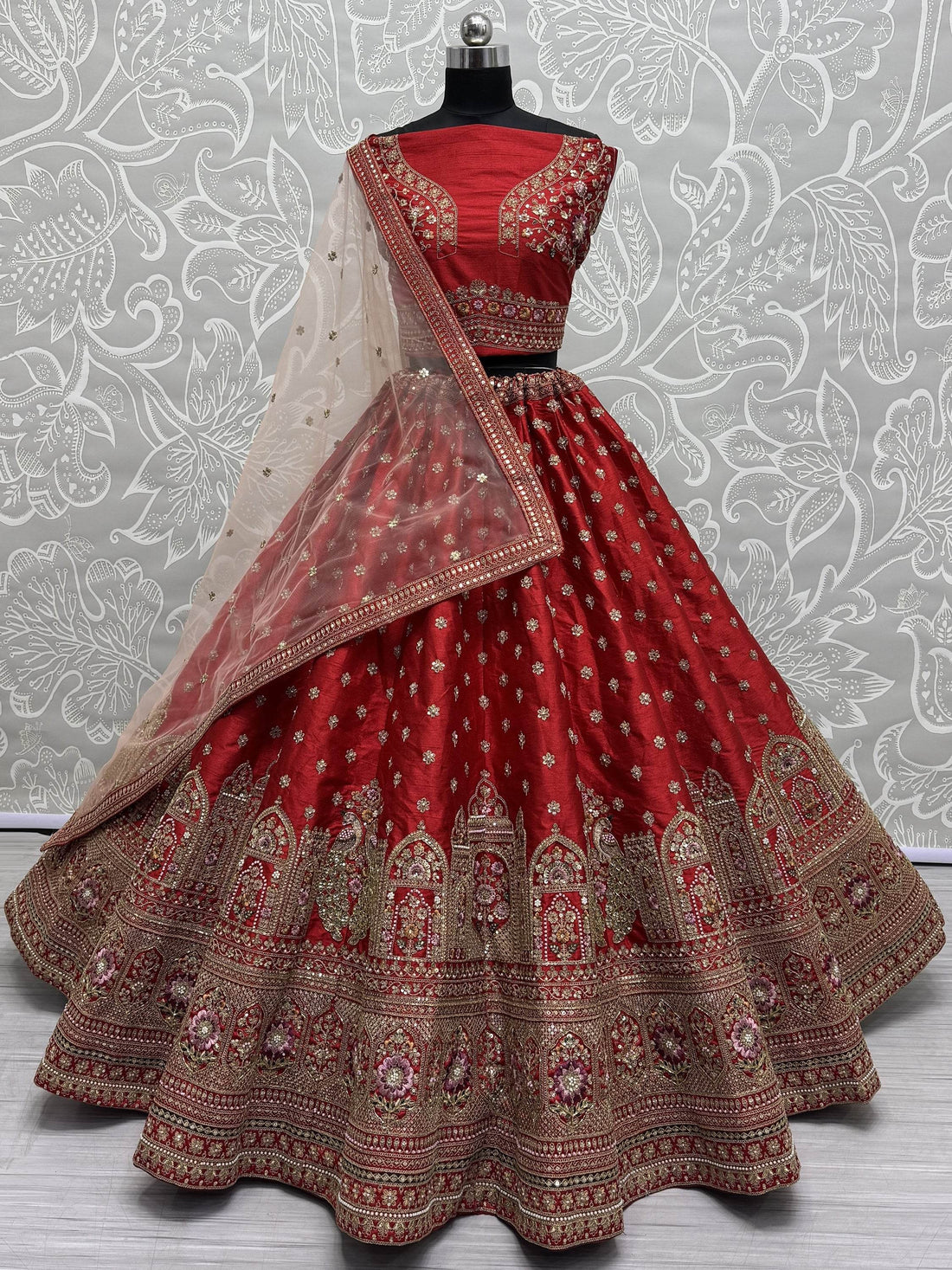 Alluring Red Sequins Work Silk Bridal Lehenga Choli With Double Dupatta - Zeel Clothing