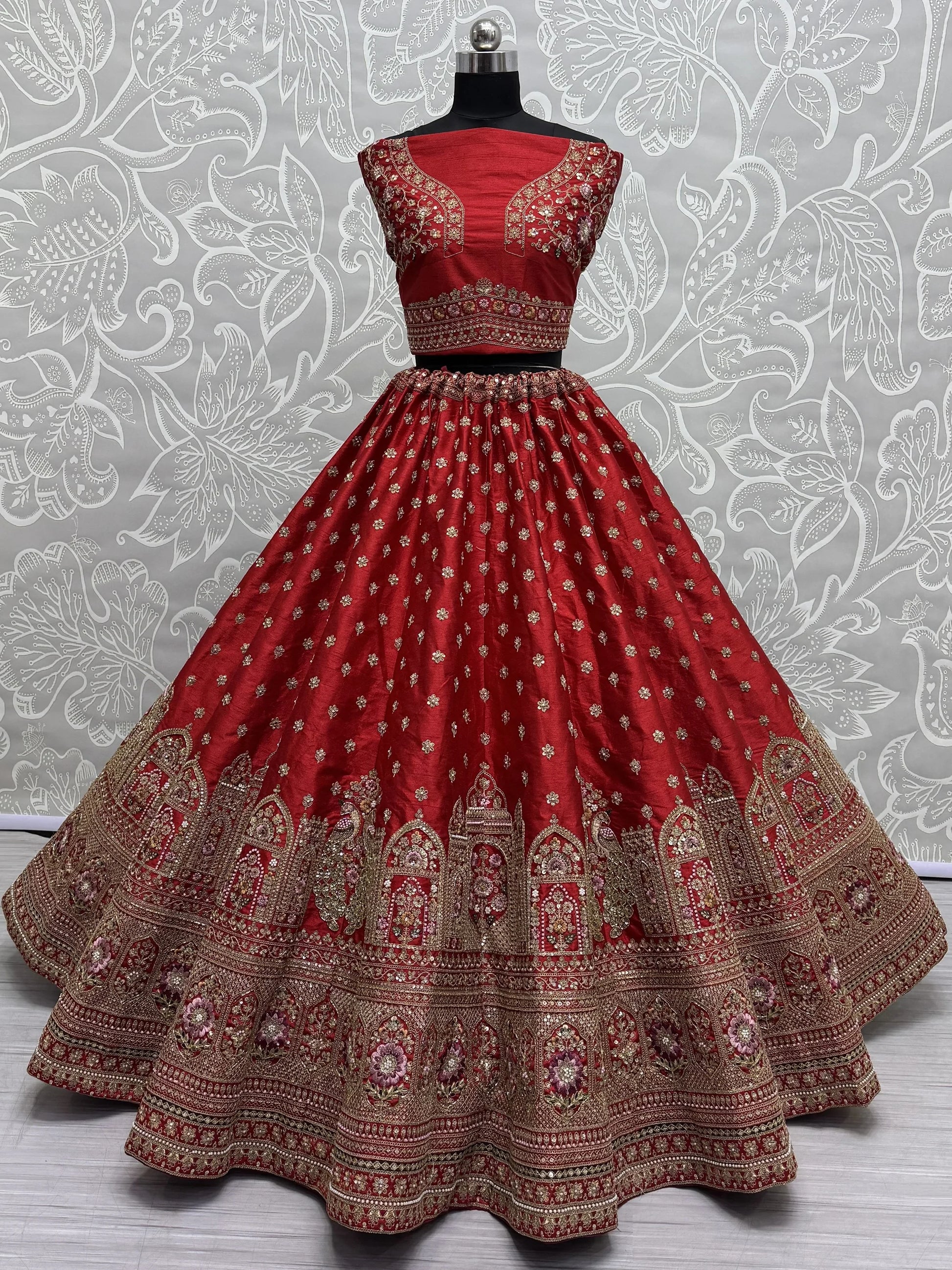 Alluring Red Sequins Work Silk Bridal Lehenga Choli With Double Dupatta - Zeel Clothing