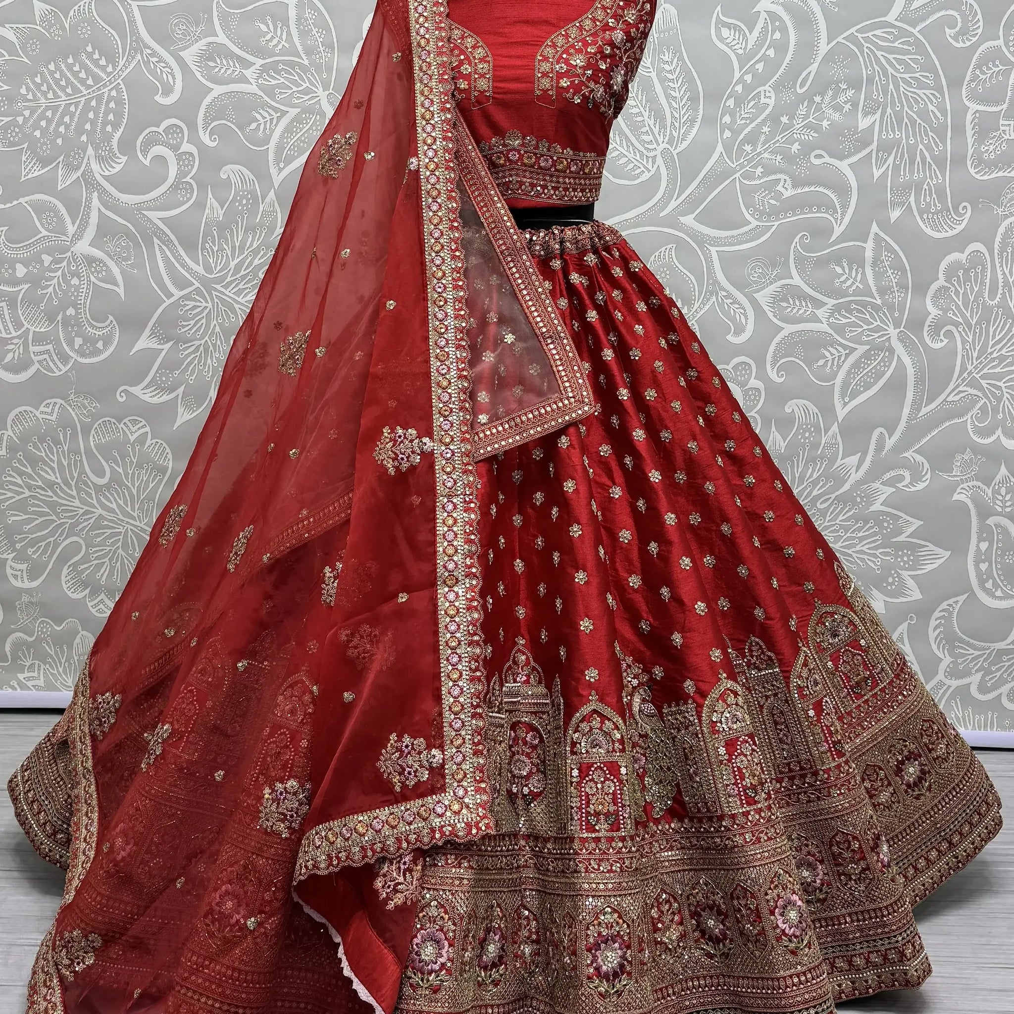 Alluring Red Sequins Work Silk Bridal Lehenga Choli With Double Dupatta - Zeel Clothing