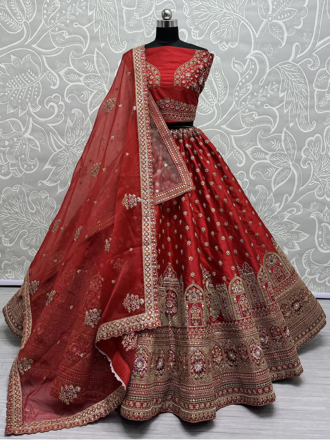 Alluring Red Sequins Work Silk Bridal Lehenga Choli With Double Dupatta - Zeel Clothing