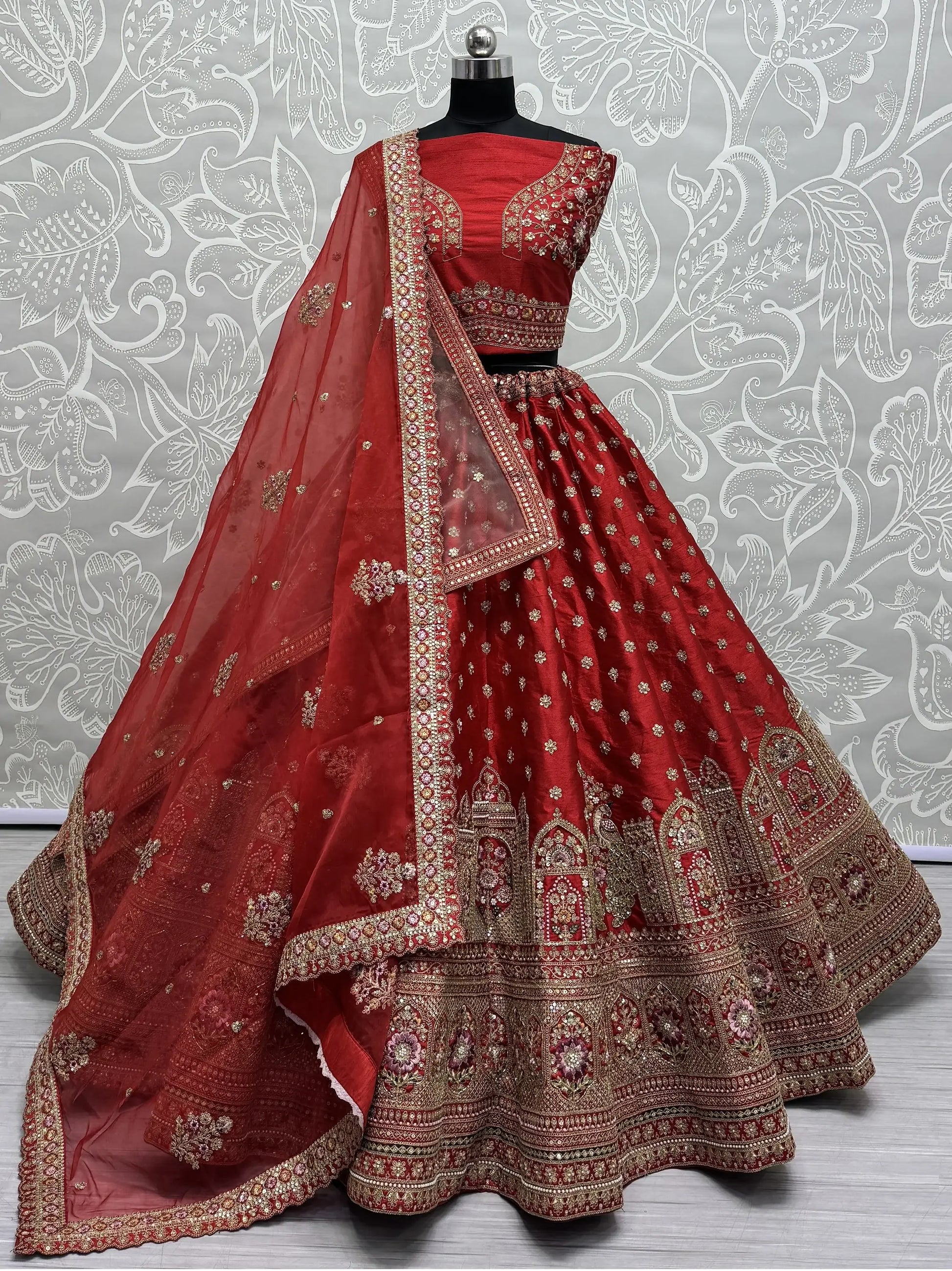 Alluring Red Sequins Work Silk Bridal Lehenga Choli With Double Dupatta - Zeel Clothing