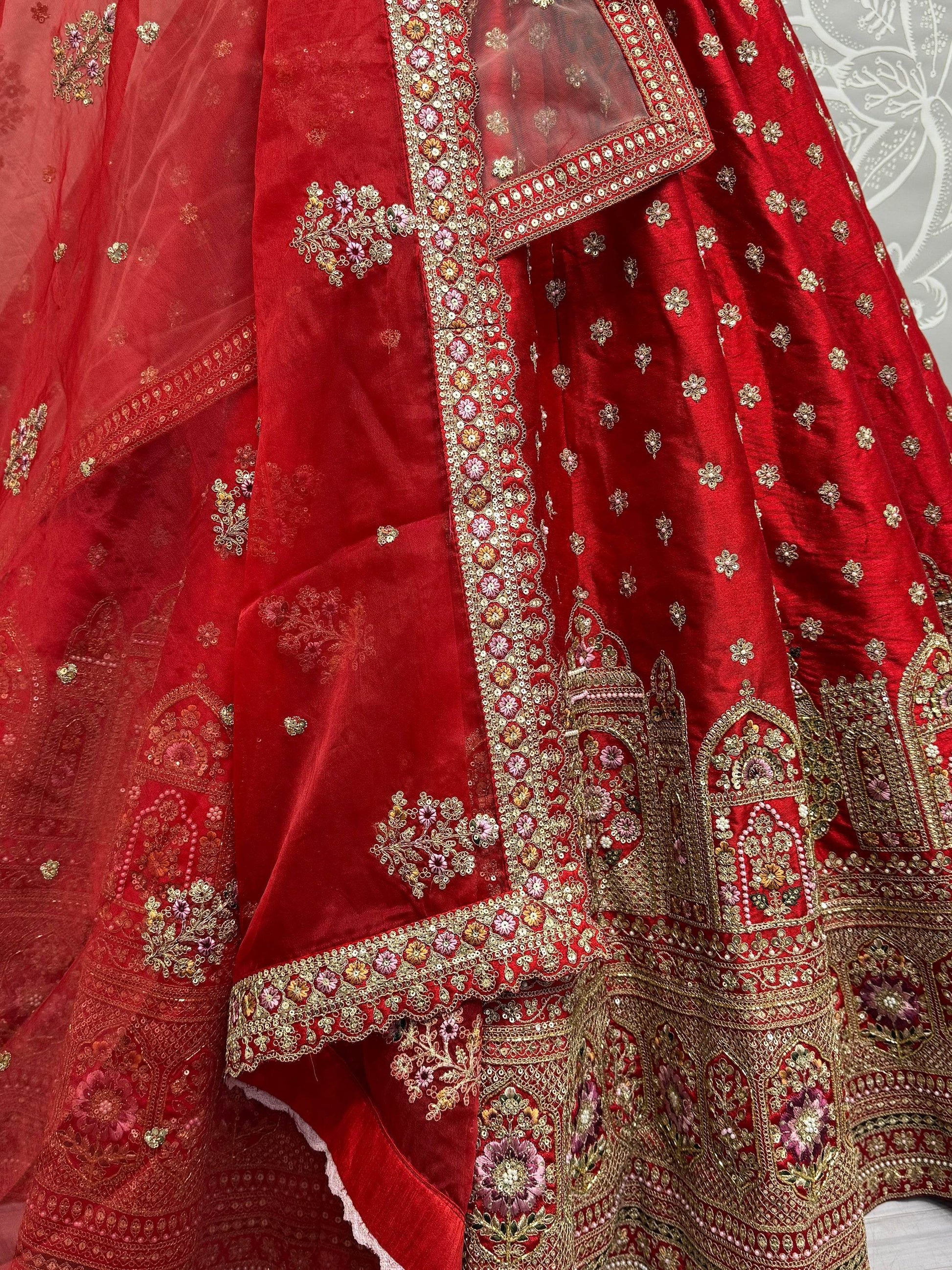 Alluring Red Sequins Work Silk Bridal Lehenga Choli With Double Dupatta - Zeel Clothing