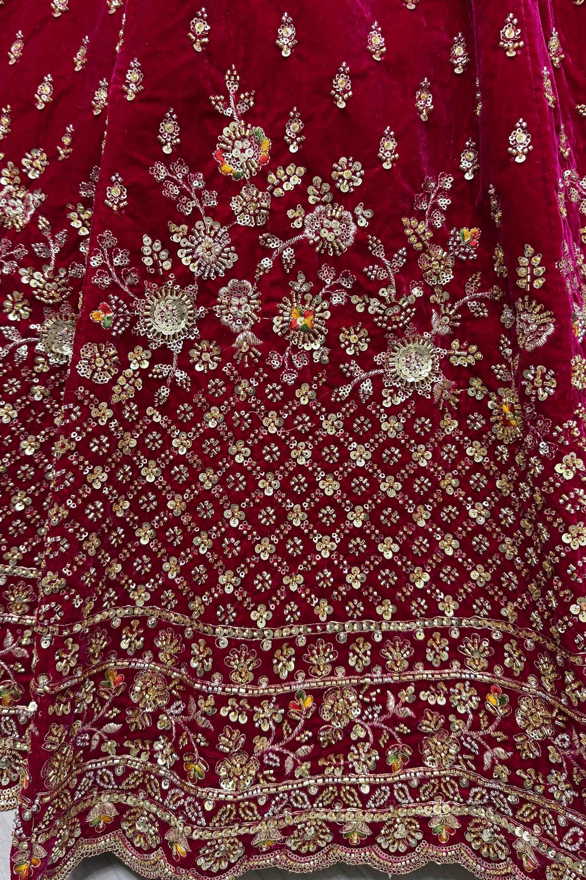 Alluring Red Velvet Bridal Lehenga Choli With Double Dupatta - Zeel Clothing