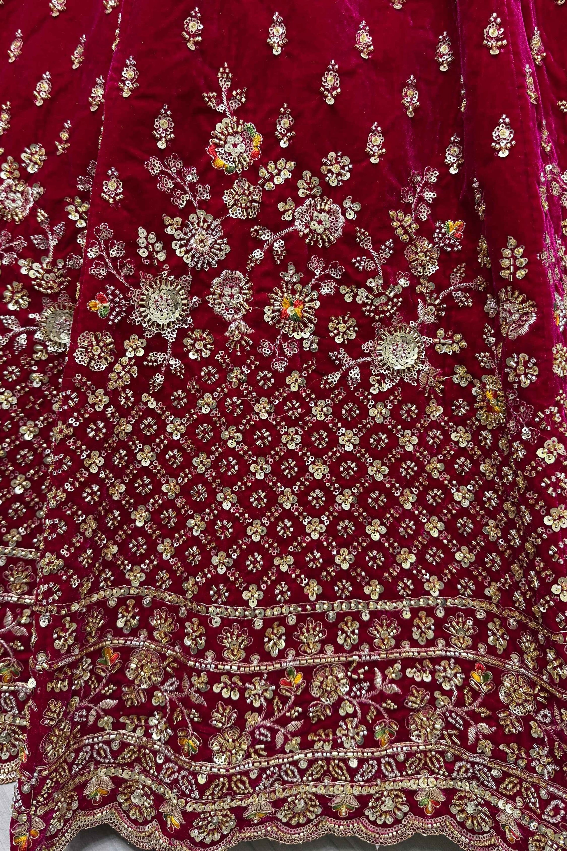 Alluring Red Velvet Bridal Lehenga Choli With Double Dupatta - Zeel Clothing