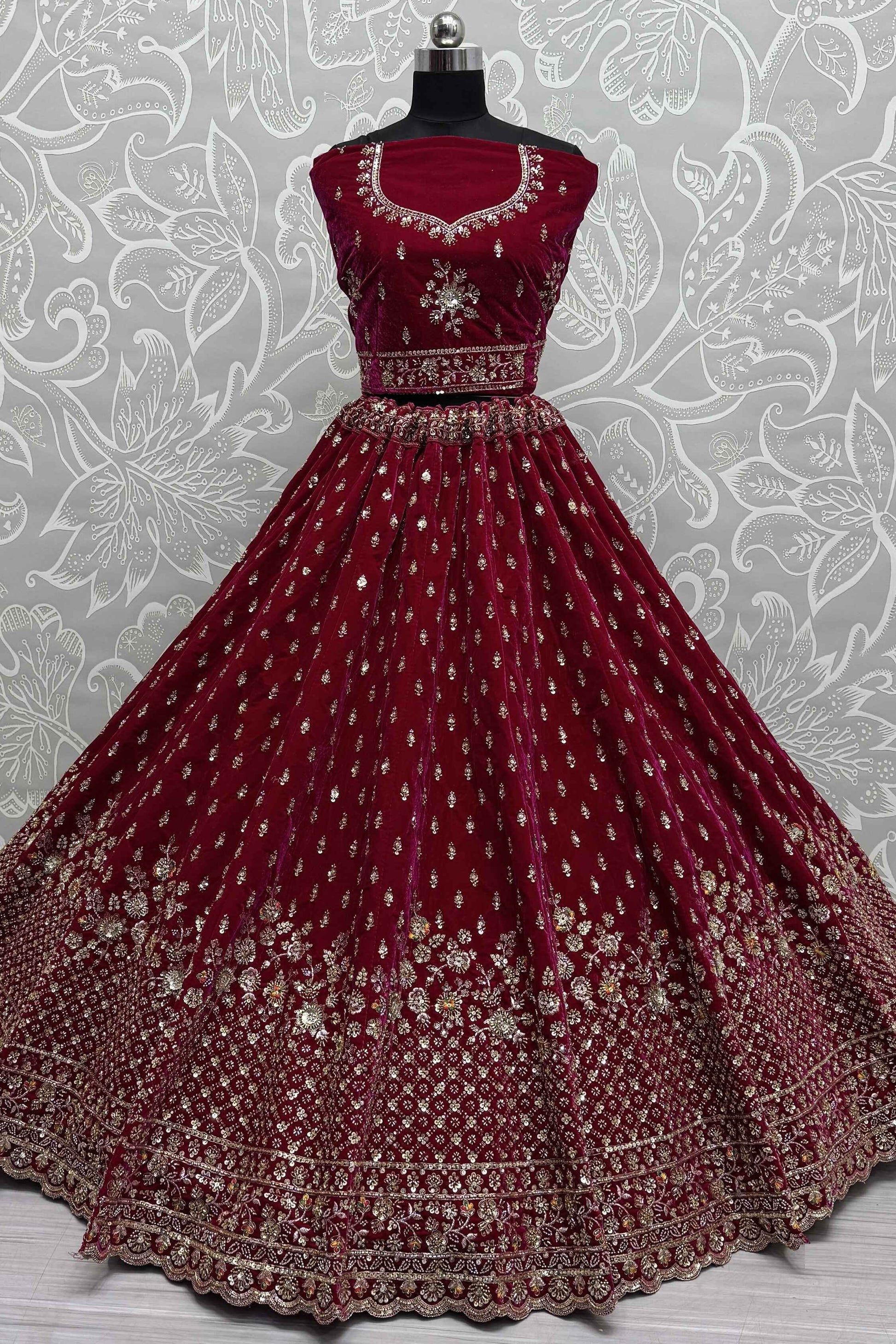Alluring Red Velvet Bridal Lehenga Choli With Double Dupatta - Zeel Clothing