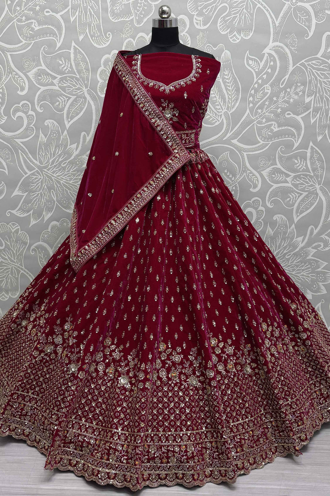 Alluring Red Velvet Bridal Lehenga Choli With Double Dupatta - Zeel Clothing