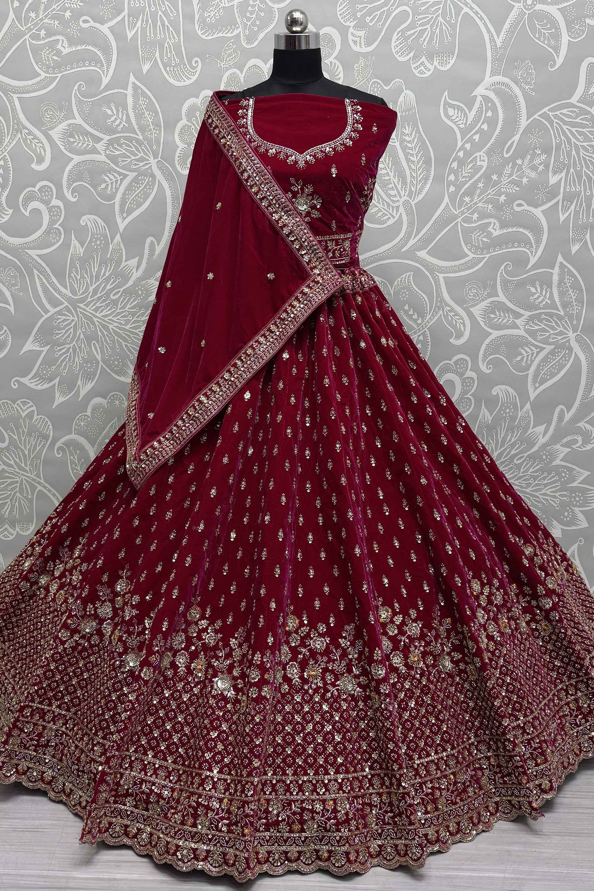 Alluring Red Velvet Bridal Lehenga Choli With Double Dupatta - Zeel Clothing
