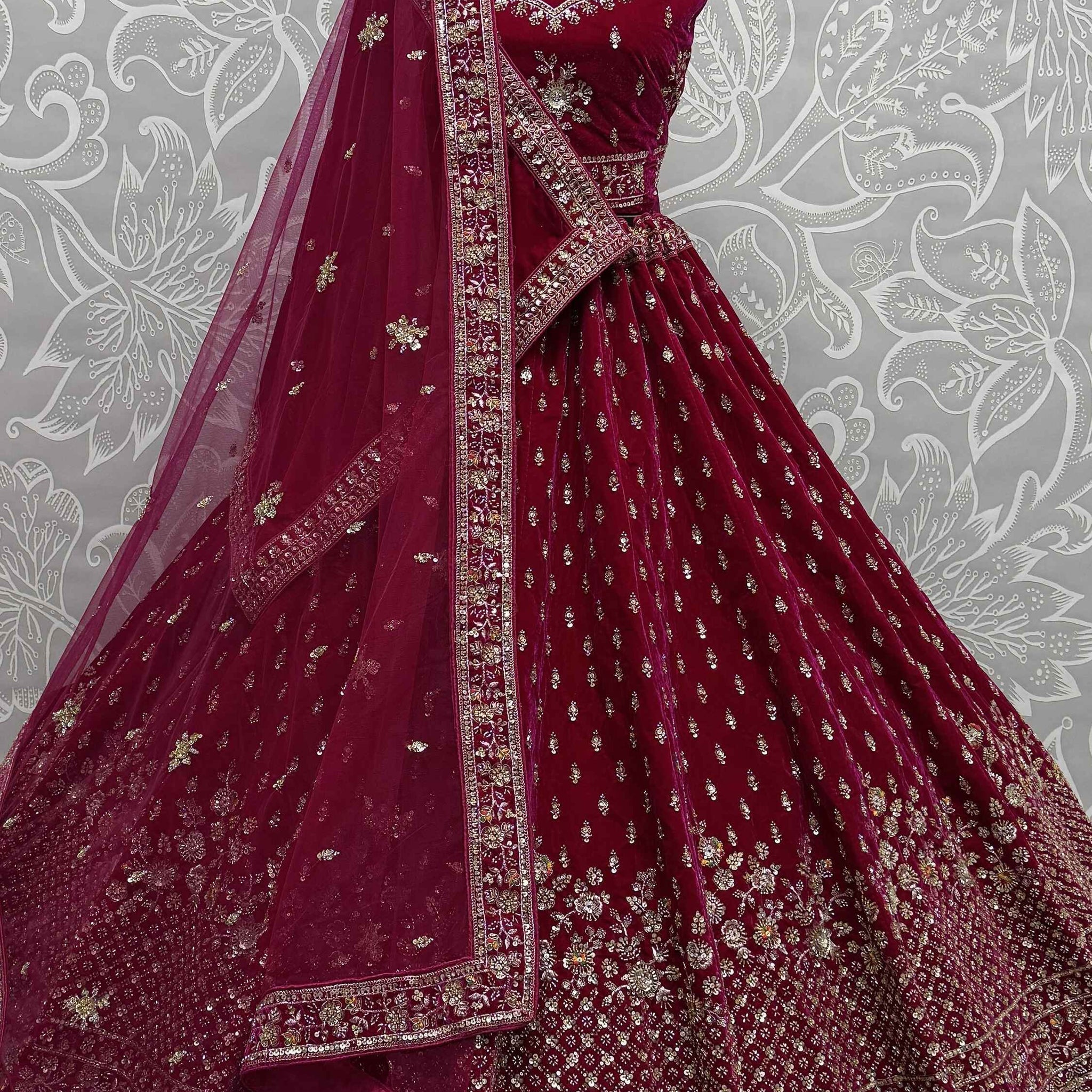 Alluring Red Velvet Bridal Lehenga Choli With Double Dupatta - Zeel Clothing