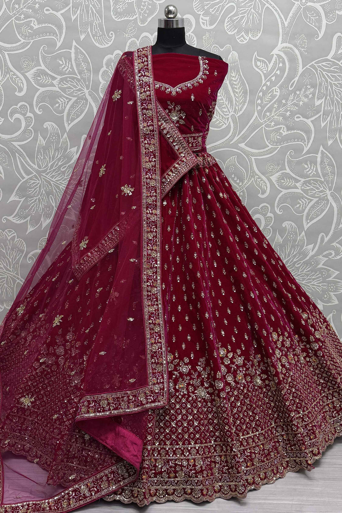 Alluring Red Velvet Bridal Lehenga Choli With Double Dupatta - Zeel Clothing