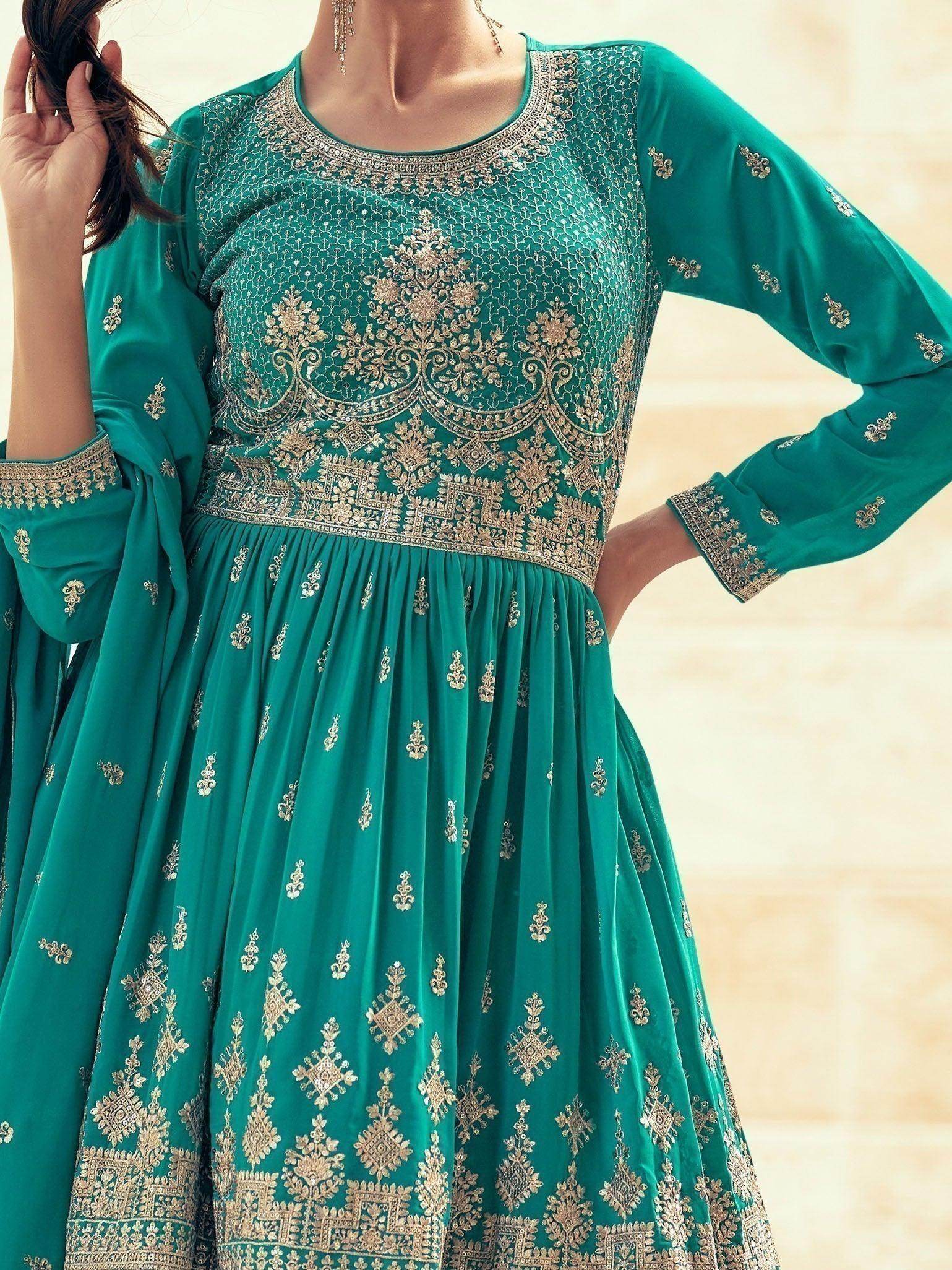 Alluring Sea Green Embroidered Georgette Gharara Suit With Dupatta - Zeel Clothing