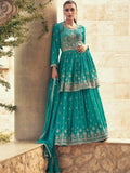 Alluring Sea Green Embroidered Georgette Gharara Suit With Dupatta - Zeel Clothing