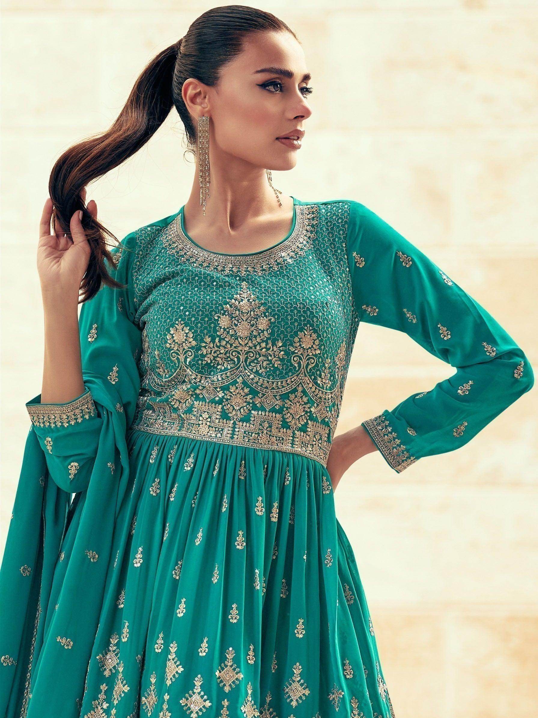 Alluring Sea Green Embroidered Georgette Gharara Suit With Dupatta - Zeel Clothing