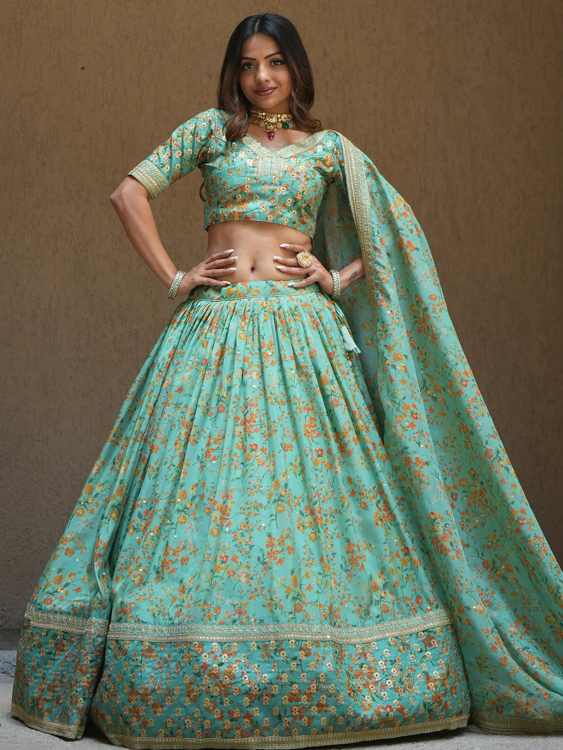 Alluring Sea Green Floral Printed Organza Lehenga Choli With Dupatta - Zeel Clothing