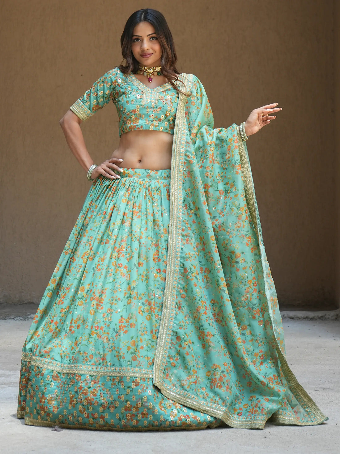 Alluring Sea Green Floral Printed Organza Lehenga Choli With Dupatta - Zeel Clothing