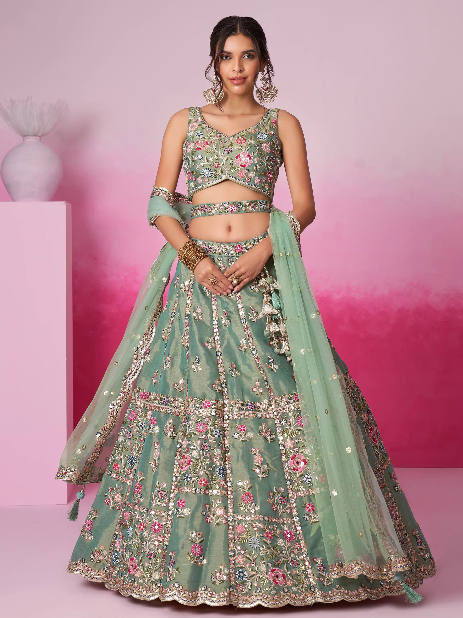 Alluring Sea Green Sequins Silk Bridesmaid Lehenga Choli With Dupatta - Zeel Clothing