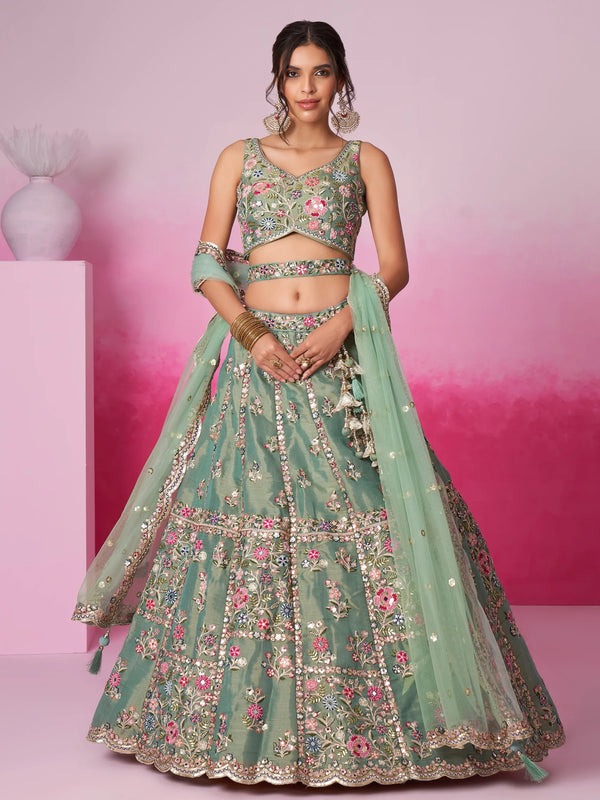 Alluring Sea Green Sequins Silk Bridesmaid Lehenga Choli With Dupatta - Zeel Clothing