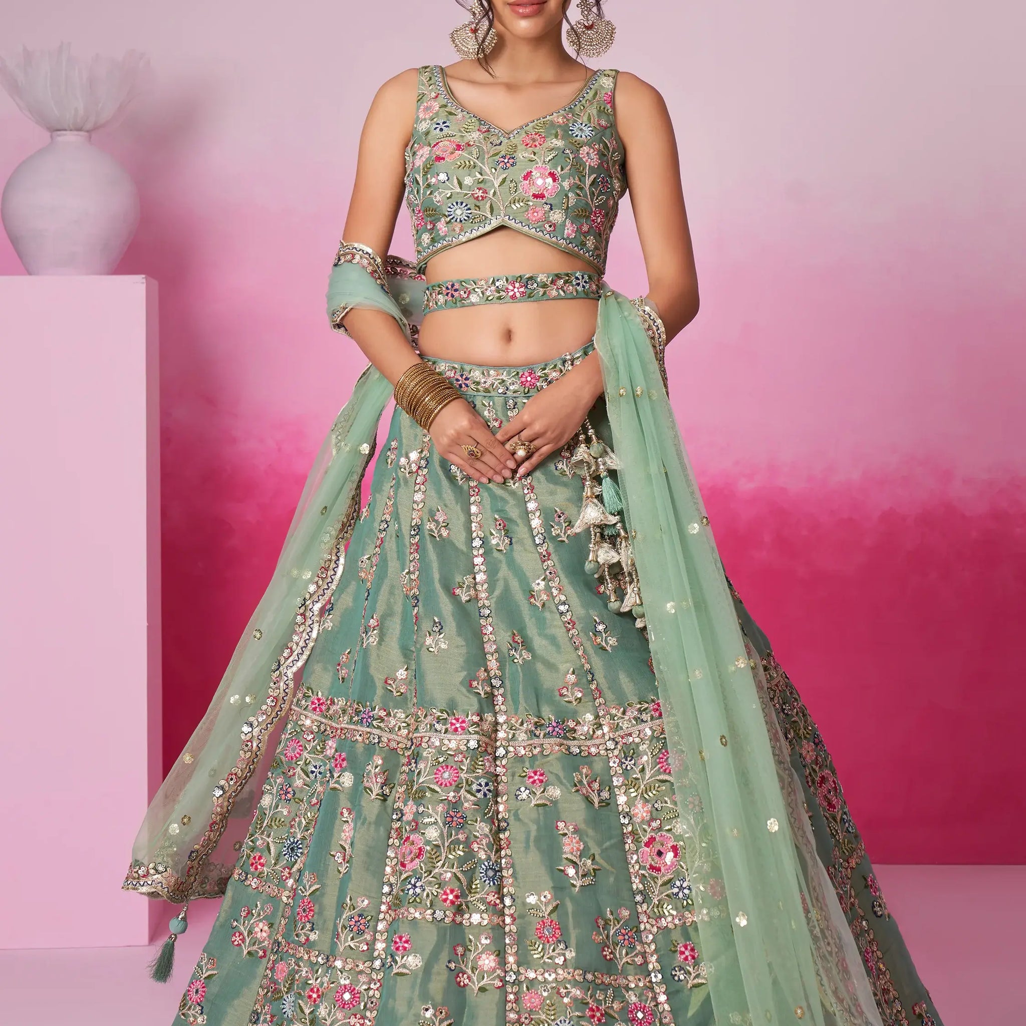 Alluring Sea Green Sequins Silk Bridesmaid Lehenga Choli With Dupatta - Zeel Clothing