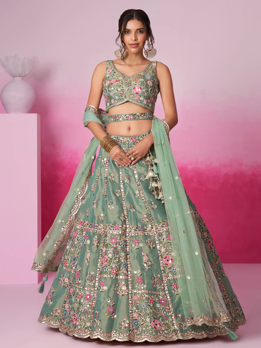 Alluring Sea Green Sequins Silk Bridesmaid Lehenga Choli With Dupatta - Zeel Clothing