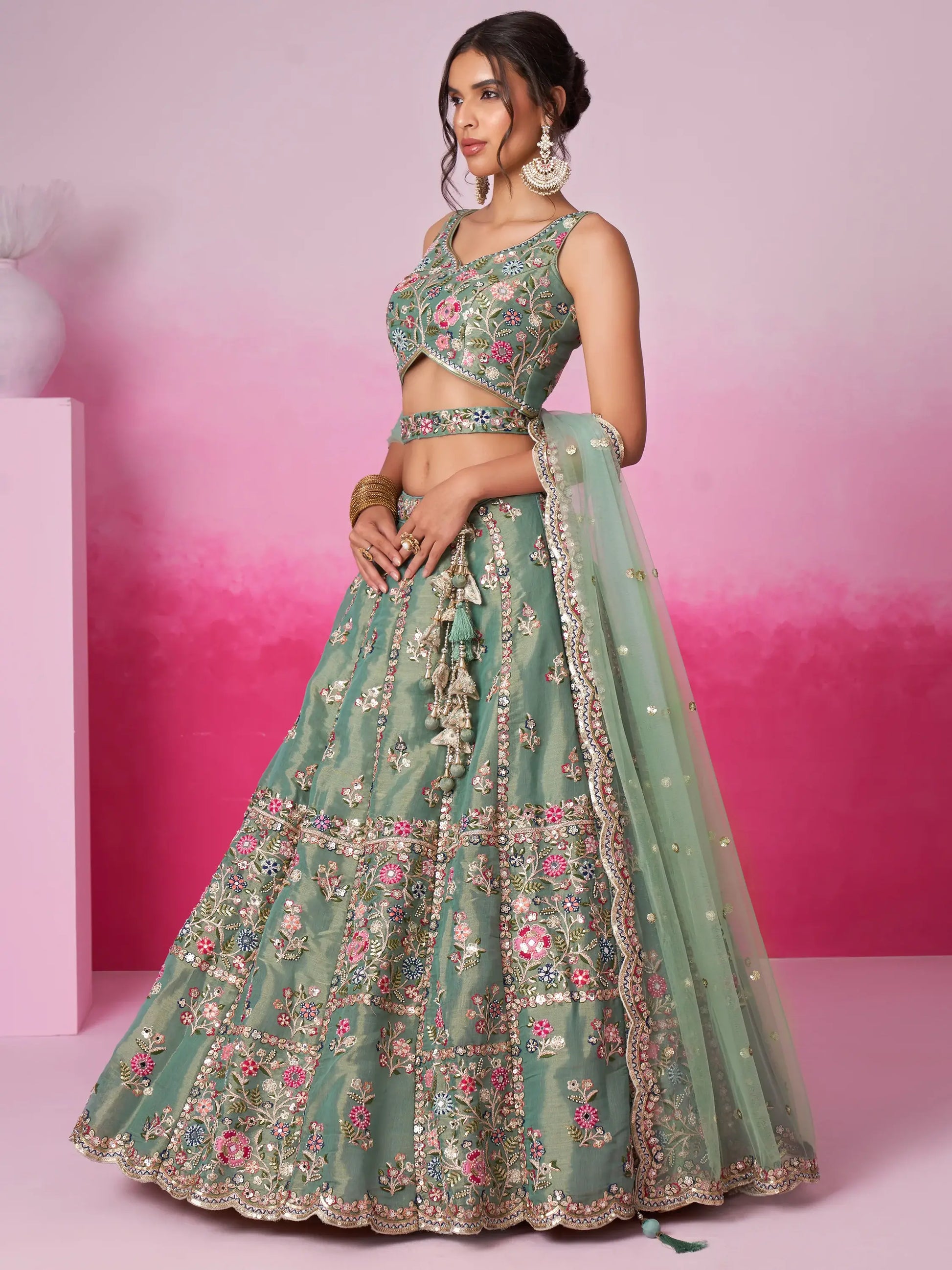 Alluring Sea Green Sequins Silk Bridesmaid Lehenga Choli With Dupatta - Zeel Clothing