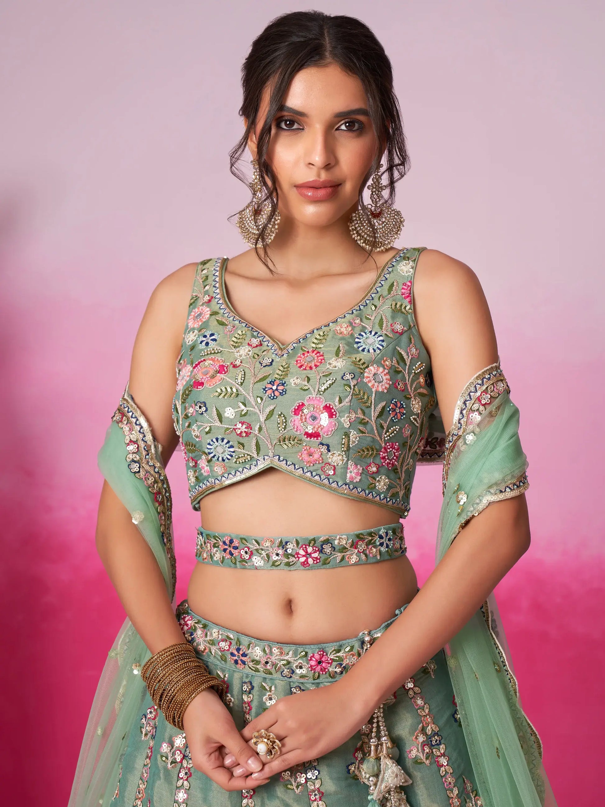 Alluring Sea Green Sequins Silk Bridesmaid Lehenga Choli With Dupatta - Zeel Clothing