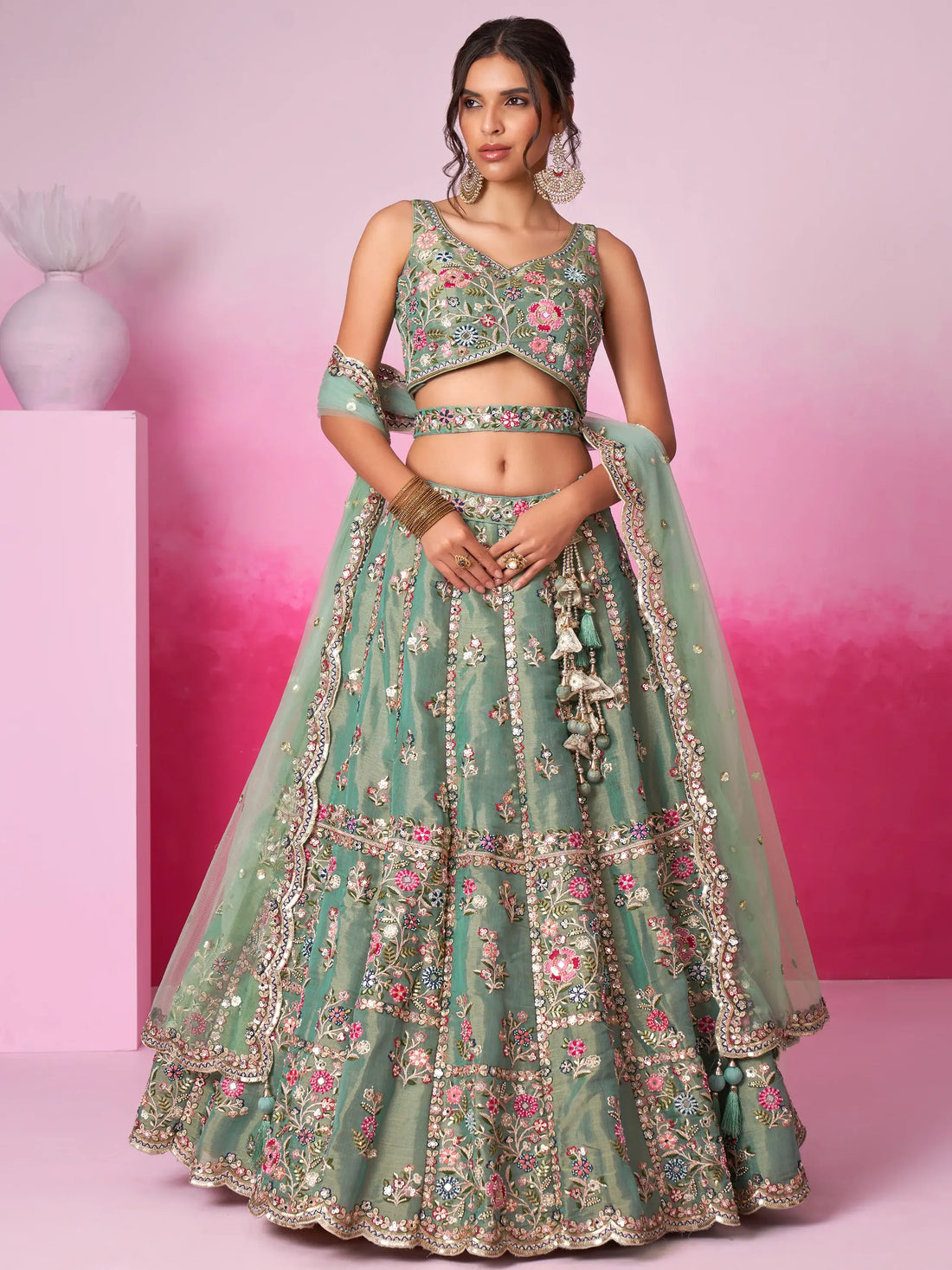 Alluring Sea Green Sequins Silk Bridesmaid Lehenga Choli With Dupatta - Zeel Clothing